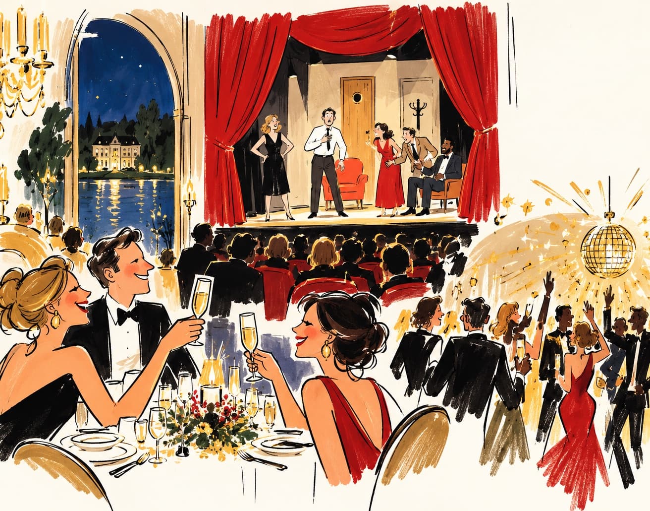 Illustration : un dîner de réveillon au théâtre, coupes levées devant la scène